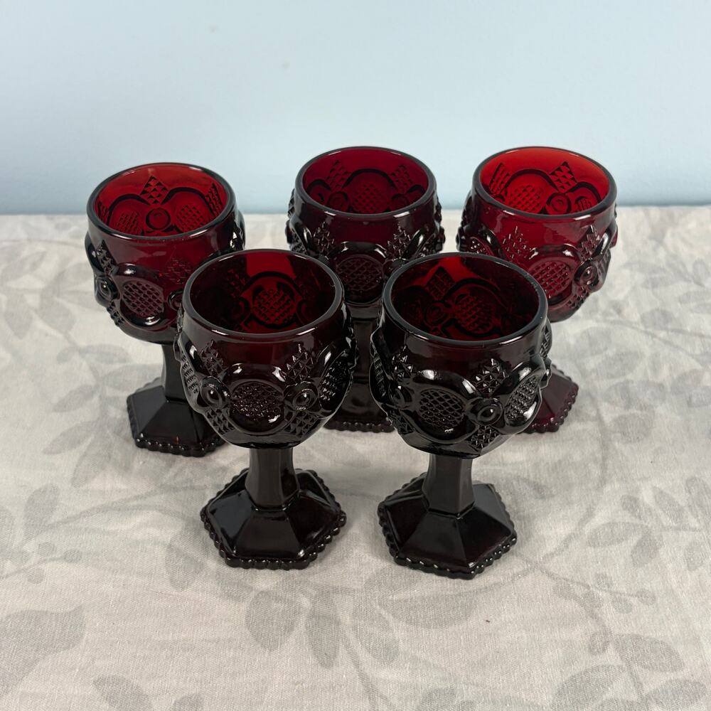 Avon Cape Cod Ruby Red Footed Cordial Glasses Set of 5 Vintage